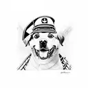 Dog wearing a captain's hat steering a canoe tattoo design idea