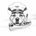 Dog wearing a captain's hat steering a canoe tattoo design idea