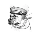 Dog wearing a captain's hat steering a canoe tattoo design idea