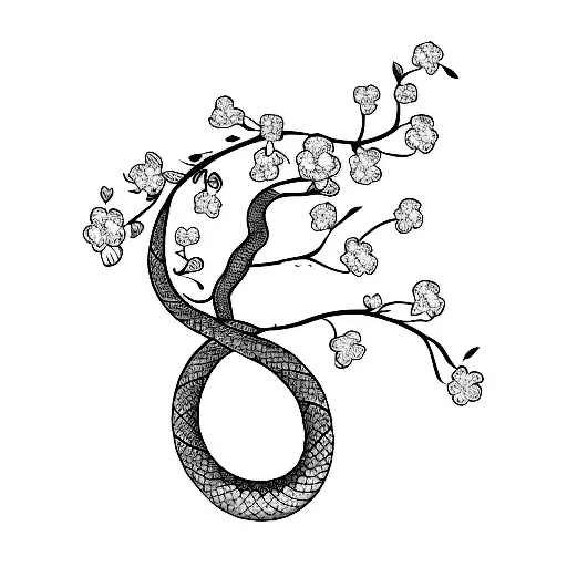 snake wrapped around forearm with blossom trees  tattoo design idea