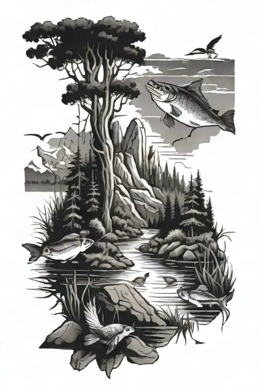 wilderness with raindears, birds and fishing scene tattoo design idea
