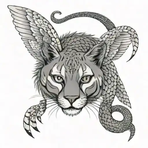 a puma with dragon scales and angelic feathered wings and a serpent tail tattoo design idea