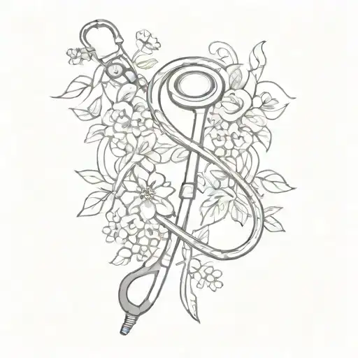 A sketch style tattoo of a stethoscope intertwined with a vine of flowers, each flower representing a different family member's name tattoo design idea