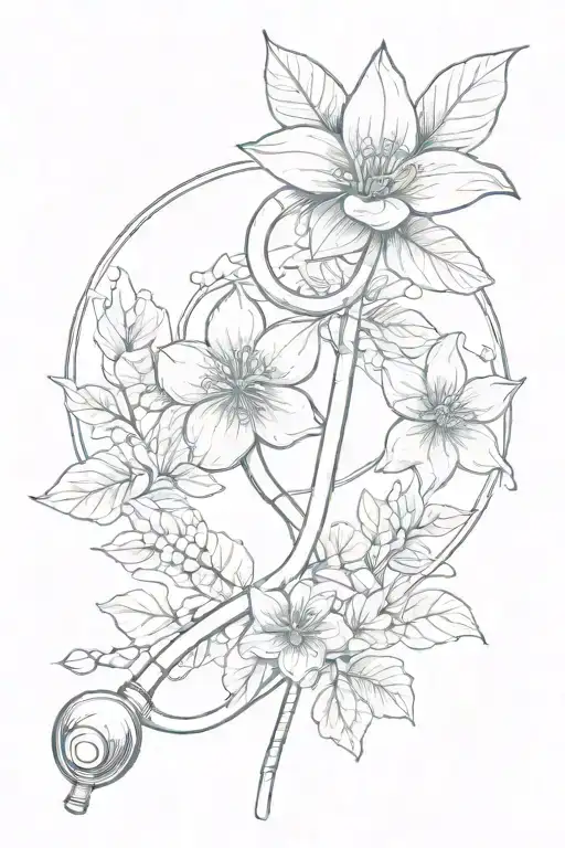 A minimalist design of a stethoscope intertwined with a delicate flower, symbolizing the harmony between your passion for medicine and love for nature. tattoo design idea
