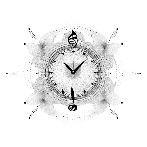 A dotwork tattoo of a clock with music notes as the hands, surrounded by flying birds tattoo design idea