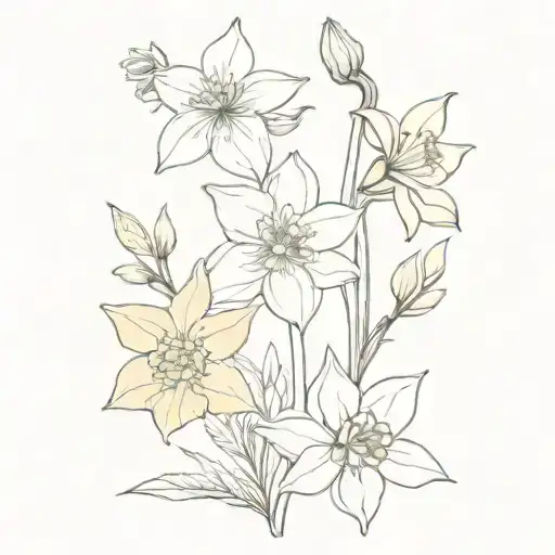 marigold, narcissus, larkspur, honeysuckle, daffodil bouquet  tattoo design idea