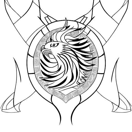 phenix with curves seen from profile exiting at the top of a rhombus then tiger head at the left & strand of wheat tattoo design idea