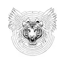 phenix with curves seen from profile exiting at the top of a rhombus then tiger head at the left & strand of wheat tattoo design idea