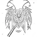 phenix with curves seen from profile exiting at the top of a rhombus then tiger head at the left & strand of wheat tattoo design idea
