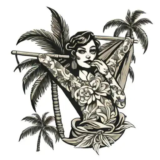 palm tree hammock girl wealth money sleeve from fingers to neck tattoo design idea