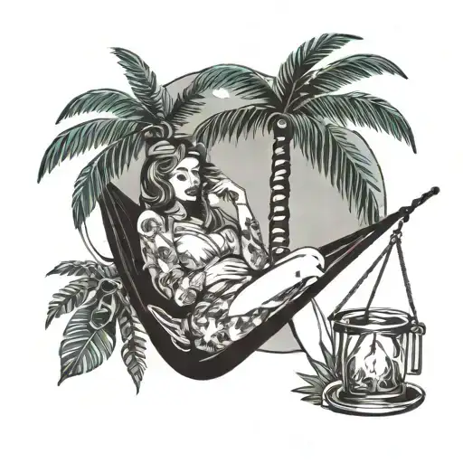 palm tree hammock smoking girl wealth money dream sleeve tattoo design idea