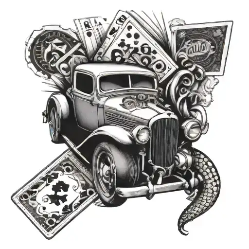 A vintage car with a deck of playing cards flying out of the exhaust pipe tattoo design idea