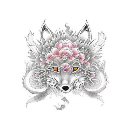 9 tailed fox with peonies tattoo design idea