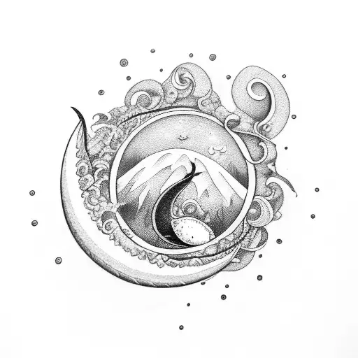 half moon with waves line art tattoo design idea