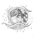 moon with waves line art tattoo design idea