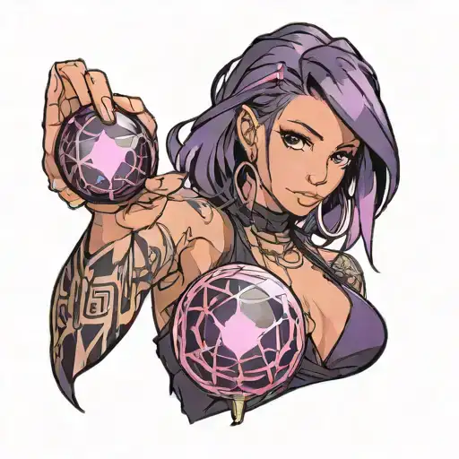 black straight hair latina girl with pink highlights dressed in black holding a purple orb valorant reyna tattoo design idea