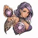 black straight hair latina girl with pink highlights dressed in black holding a purple orb valorant reyna tattoo design idea