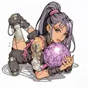 black straight hair latina girl with pink highlights dressed in black holding a purple orb valorant reyna tattoo design idea