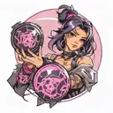 black straight hair latina girl with pink highlights dressed in black holding a purple orb valorant reyna tattoo design idea
