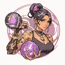 black straight hair latina girl with pink highlights dressed in black holding a purple orb valorant reyna tattoo design idea