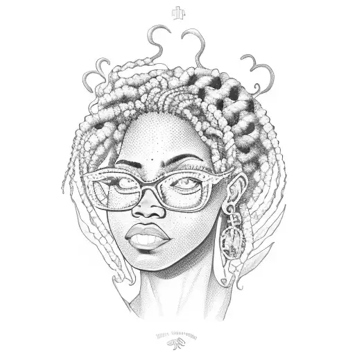 black woman with blue dreads & glasses. in the corner it reads "rest in peace Teresa AKA Funny in the ri tattoo design idea