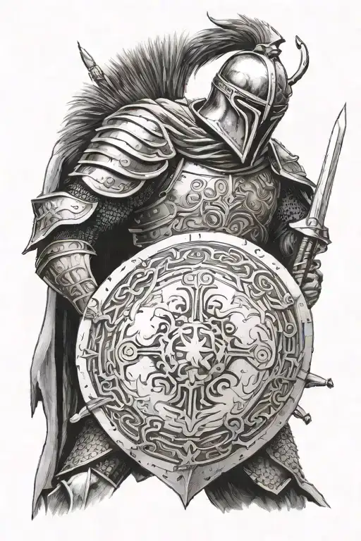 And in that battle our warrior fell, but before his death he gave me His sharp sword, a heavy shield, and he called me war tattoo design idea