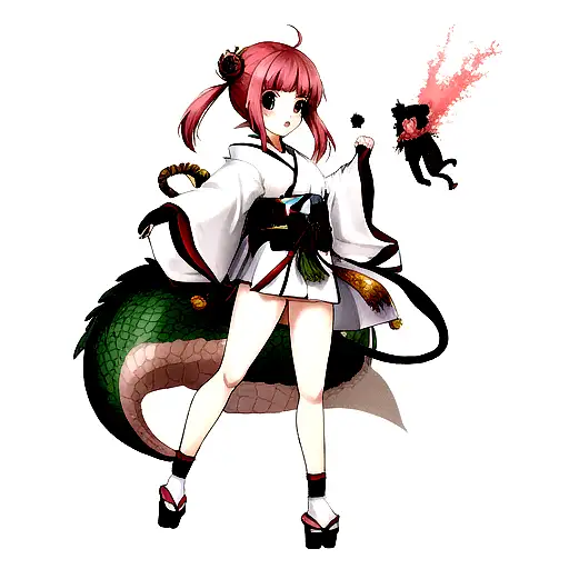 japanese girl, dragon and small particles tattoo design idea