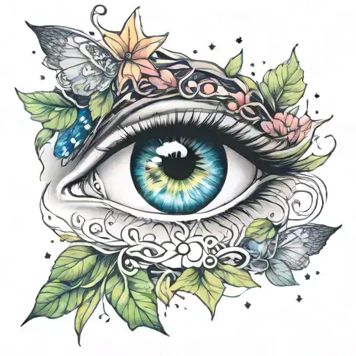 long sleeve, girly, bright colors, nature, eyes, stars tattoo design idea