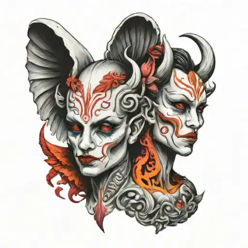 Siamese twin head angel and demon tattoo design idea