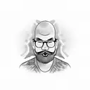 asian, dad, bald, contour of side face, long curley beard, wearing classic black glasses, letters 'Y' and 'D' in details tattoo design idea
