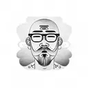 asian, dad, bald, contour of side face, long curley beard, wearing classic black glasses, letters 'Y' and 'D' in details tattoo design idea