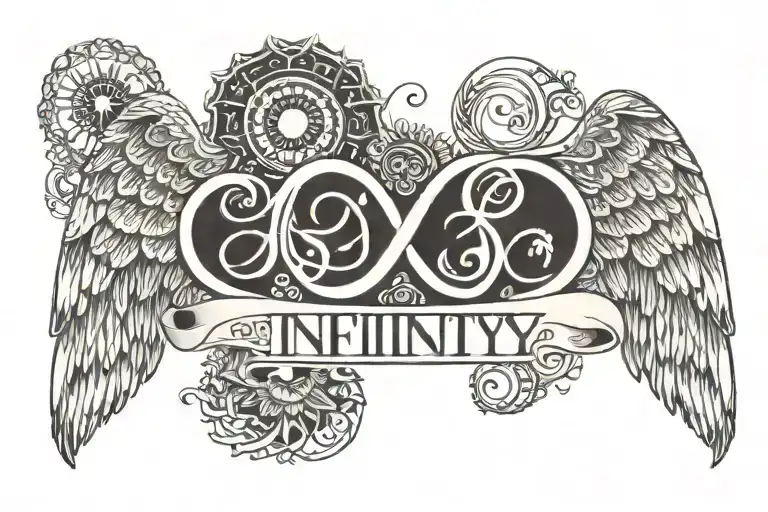 infinity symbol with my name Lenisa, with the date 23031975, with the wings of an angel and with a mandala tattoo design idea