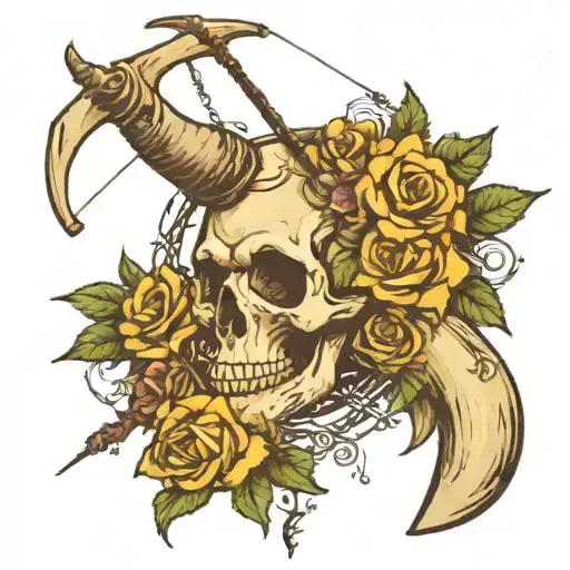 fishing pole as cross with long horn skull with flowers with Roman numerals 8-6-2022 and deer antlers   tattoo design idea