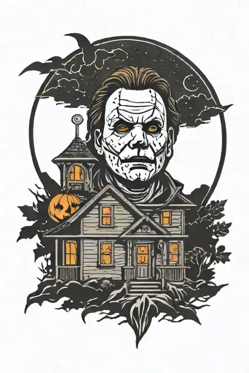 Michael Myers face and house on a dark night with jack-o'-lantern tattoo design idea
