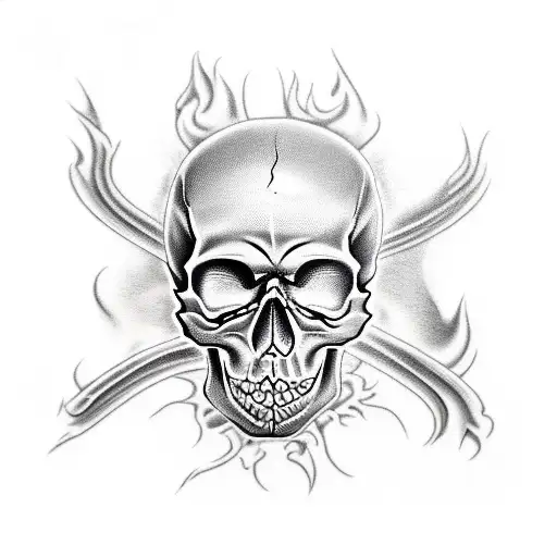 skull with flames, realistic, pistons, roses tattoo design idea