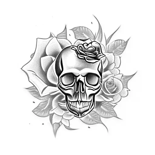 realistic skull, with roses, some flames, pistons, slightly feminine  tattoo design idea