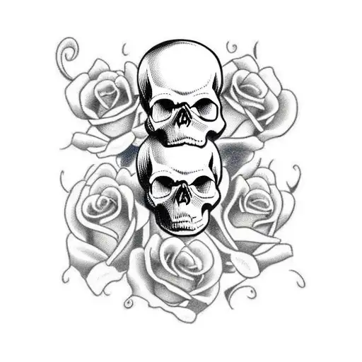 realistic skull, with roses, some flames, pistons, slightly feminine  tattoo design idea