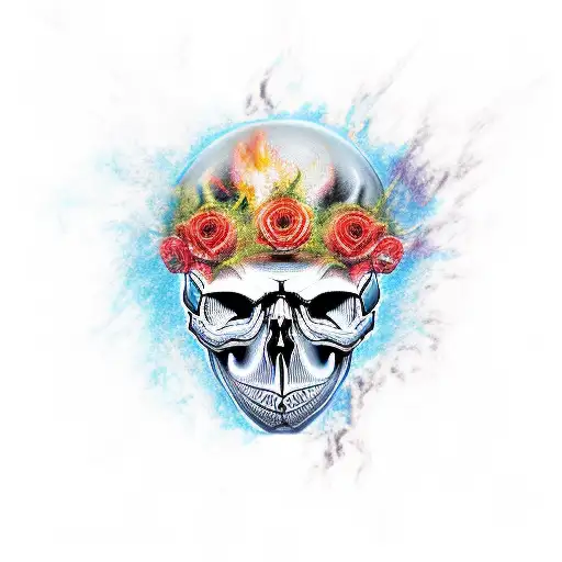 skull with flames, realistic, pistons, roses tattoo design idea