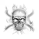 skull with flames, realistic, pistons, roses tattoo design idea