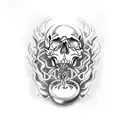 skull with flames, realistic, pistons, roses tattoo design idea