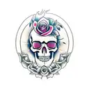 realistic skull, with roses, some flames, pistons, slightly feminine  tattoo design idea