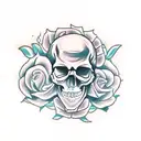 realistic skull, with roses, some flames, pistons, slightly feminine  tattoo design idea