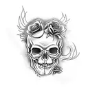 realistic skull, with roses, some flames, pistons, slightly feminine  tattoo design idea