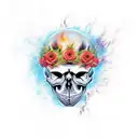skull with flames, realistic, pistons, roses tattoo design idea