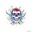 skull with flames, realistic, pistons, roses tattoo design idea
