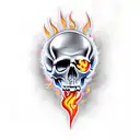 skull with flames, realistic, pistons, roses tattoo design idea