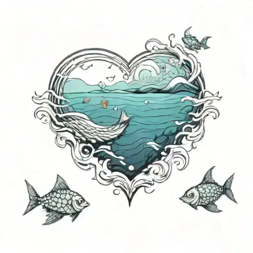 calm sea with waves, 3 stars under the sea, 3 fish flying above the sea, small heart on top of all. tattoo design idea