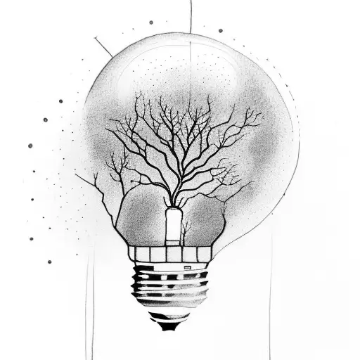 A lightbulb containing a stylized tree, from the branches of which swallows take flight tattoo design idea