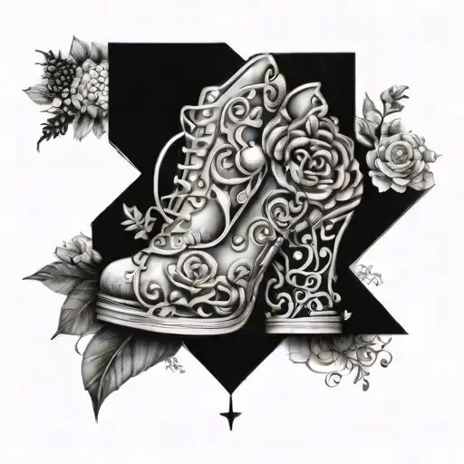An intricate design featuring stylish shoes and makeup items intertwined with elements of nature and family symbols tattoo design idea