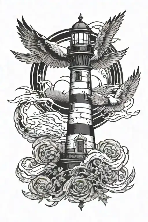 lighthouse storm angel and dove carrying tattoo design idea